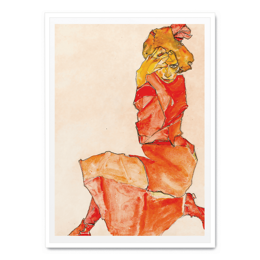 Kniende In Orange Rotem Kleid